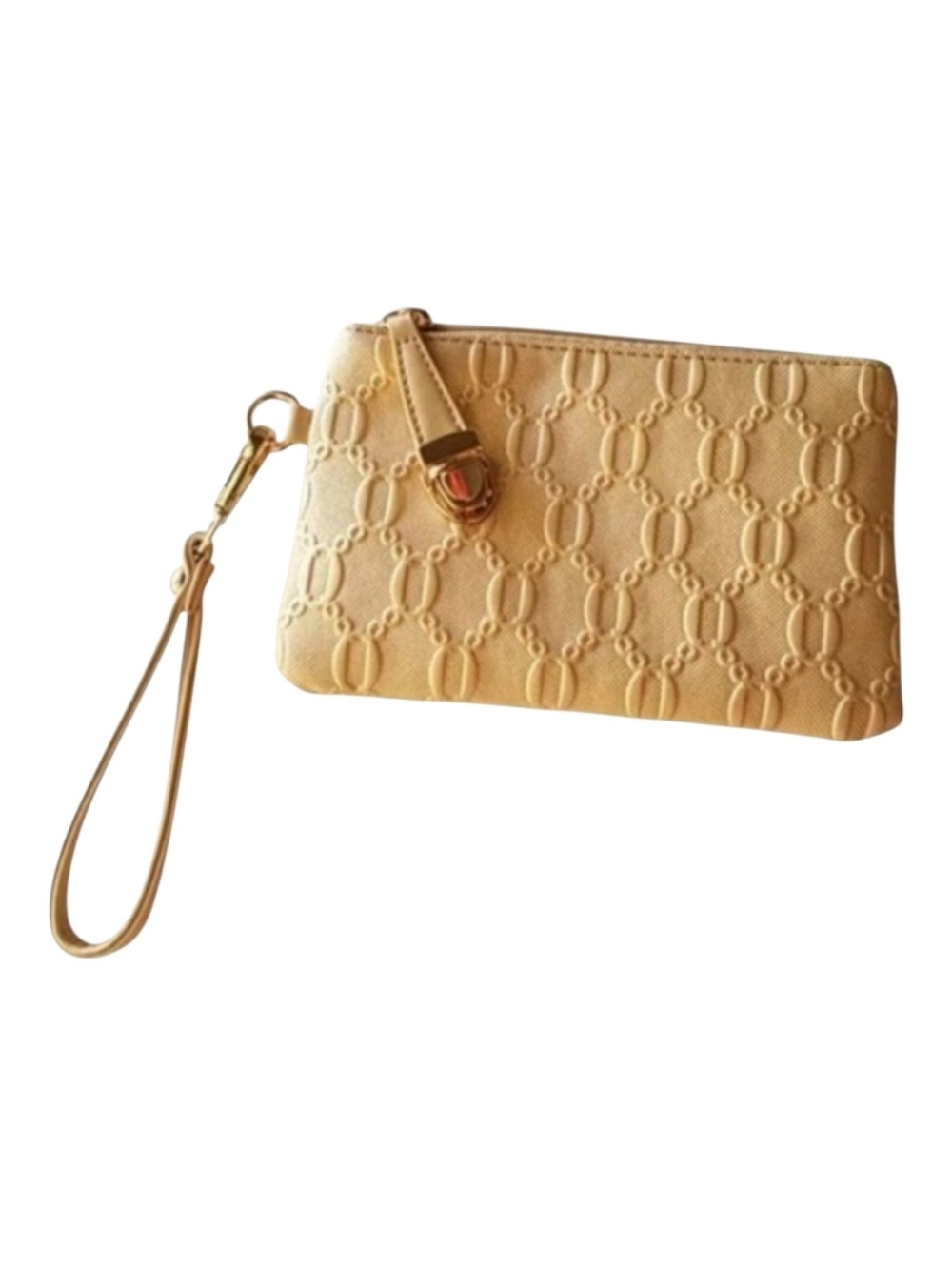 Gold Metallic Crosshatch Embossed Monogram Wristlet Pouch Zip Top Clutch Wallet